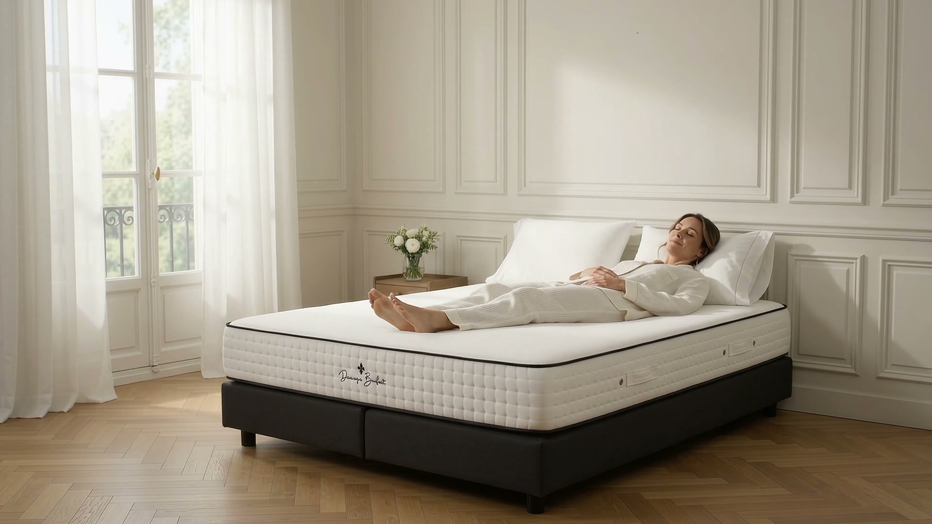 A woman in ivory linen pyjamas comes into a bright panelled room, sits on today’s mattress on its dark base, and lies down on it, her head on the pillows.