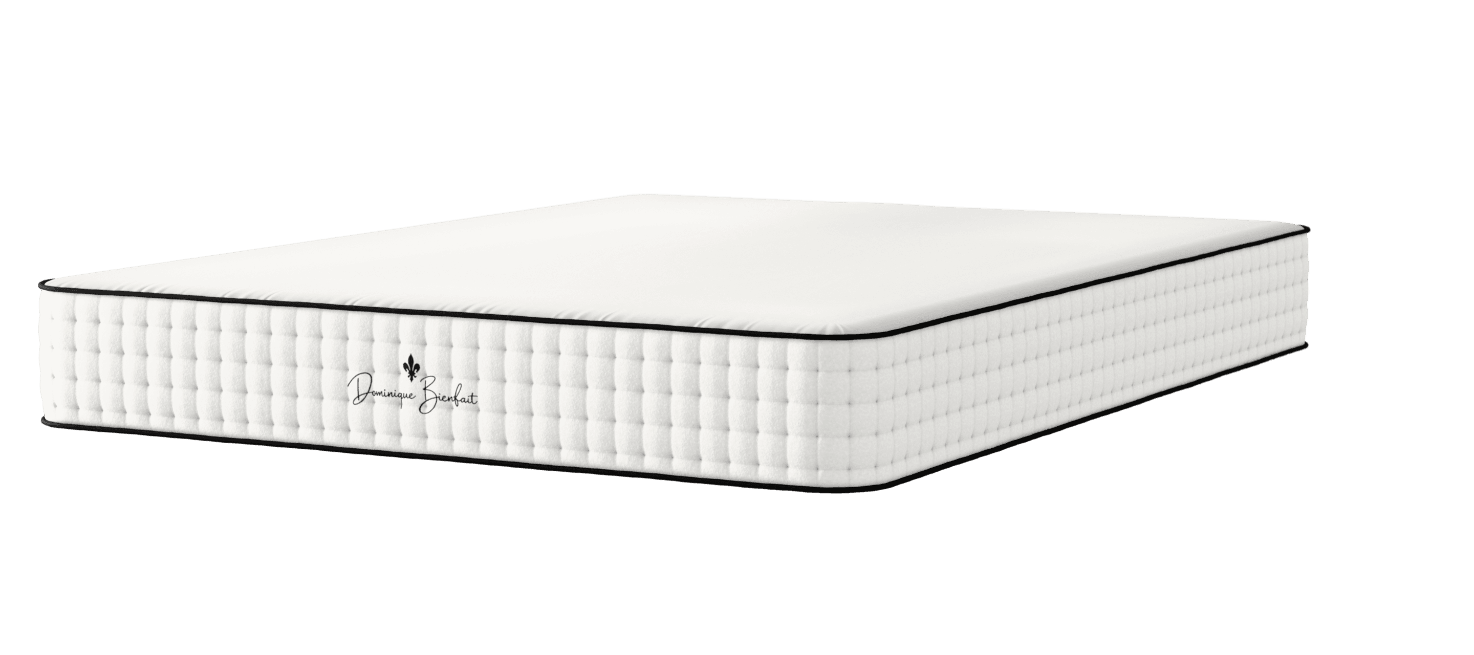 The mattress seen from one corner: a white quilted cover with a smooth top, button-tufted sides and black piping.