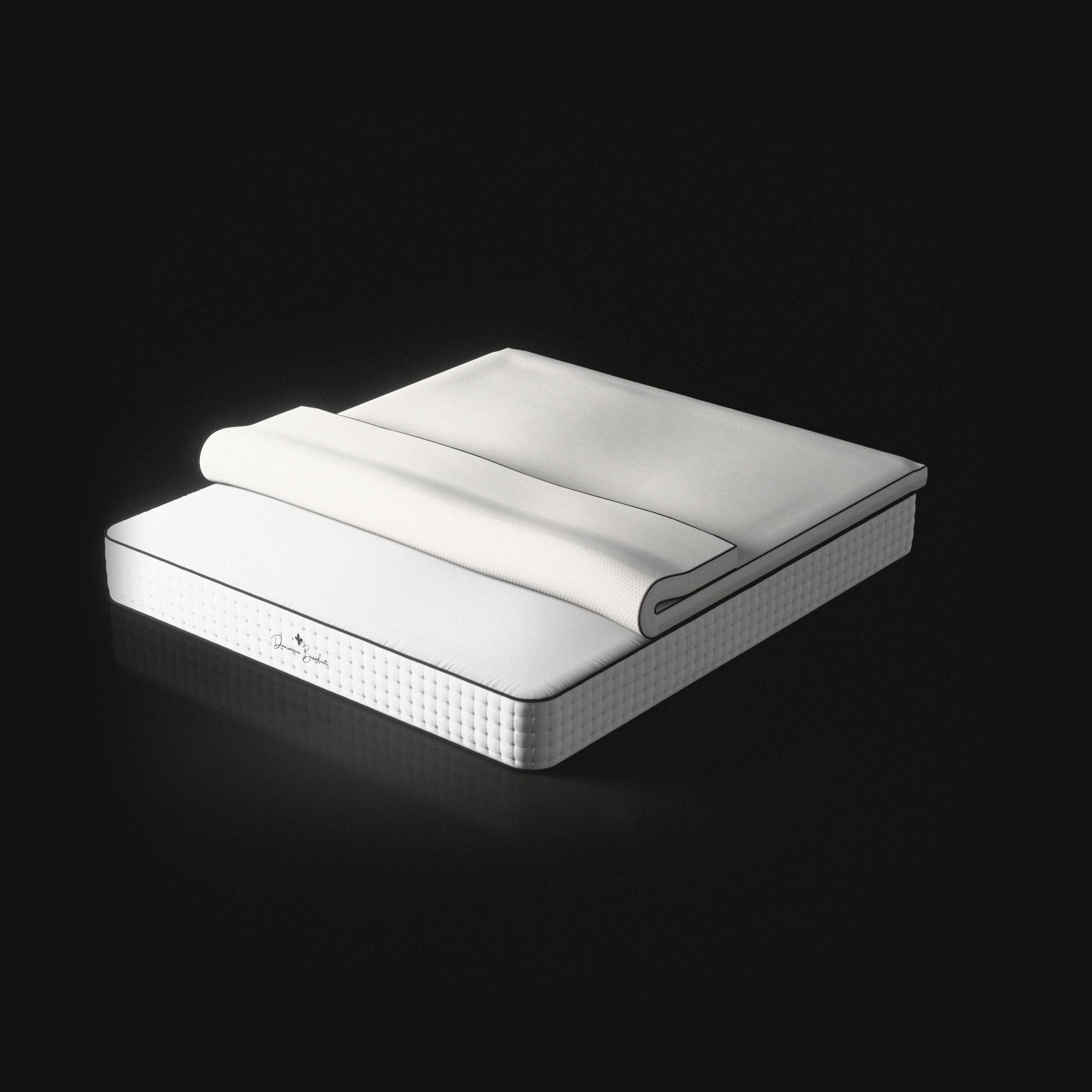A white latex topper lying on a wide mattress on a black floor, its near end rolled back on itself.