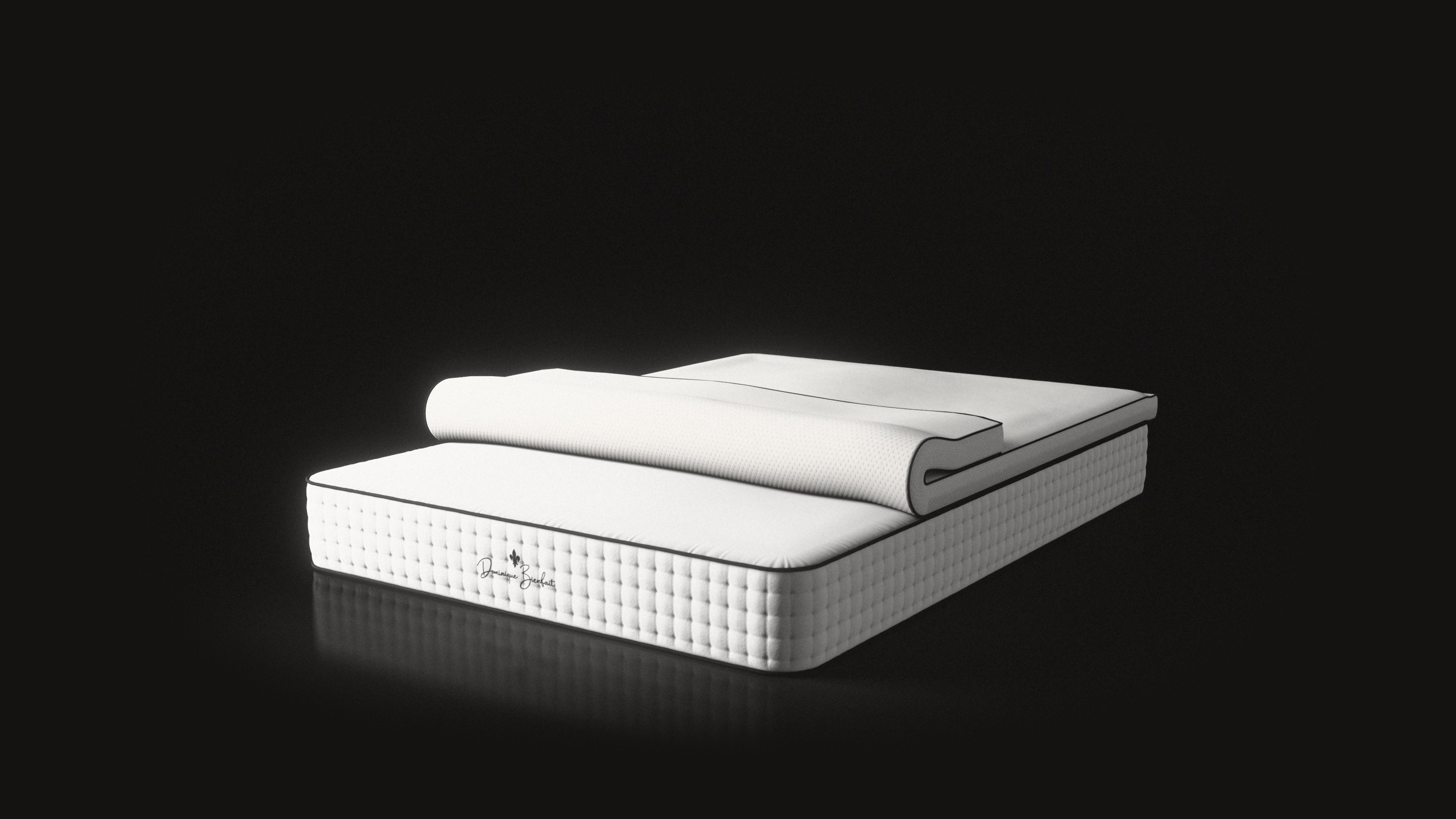 A topper lying on a white mattress, rolled back at the foot so its thickness shows.