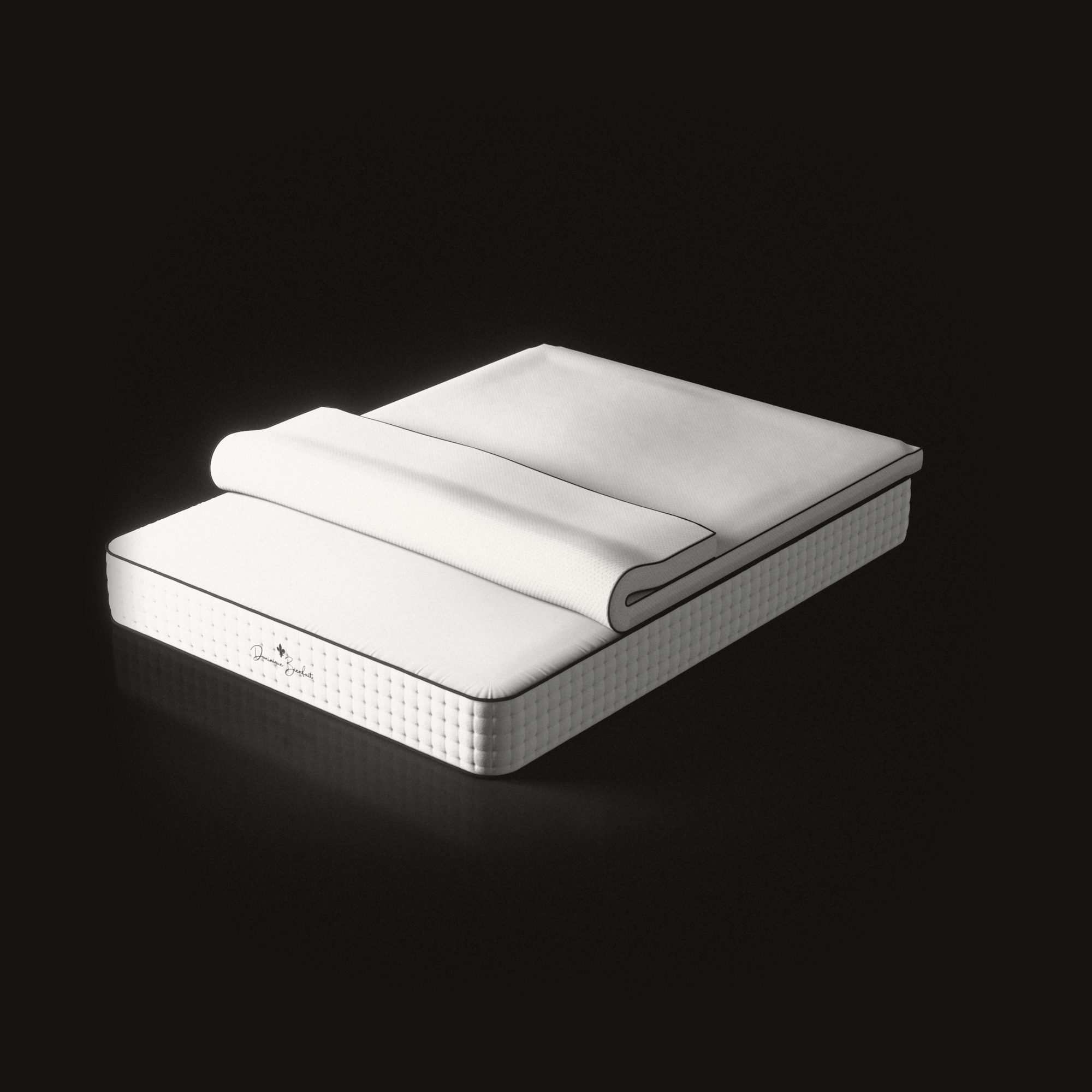 A white latex topper lying on a mattress on a black floor, its near end rolled back on itself.