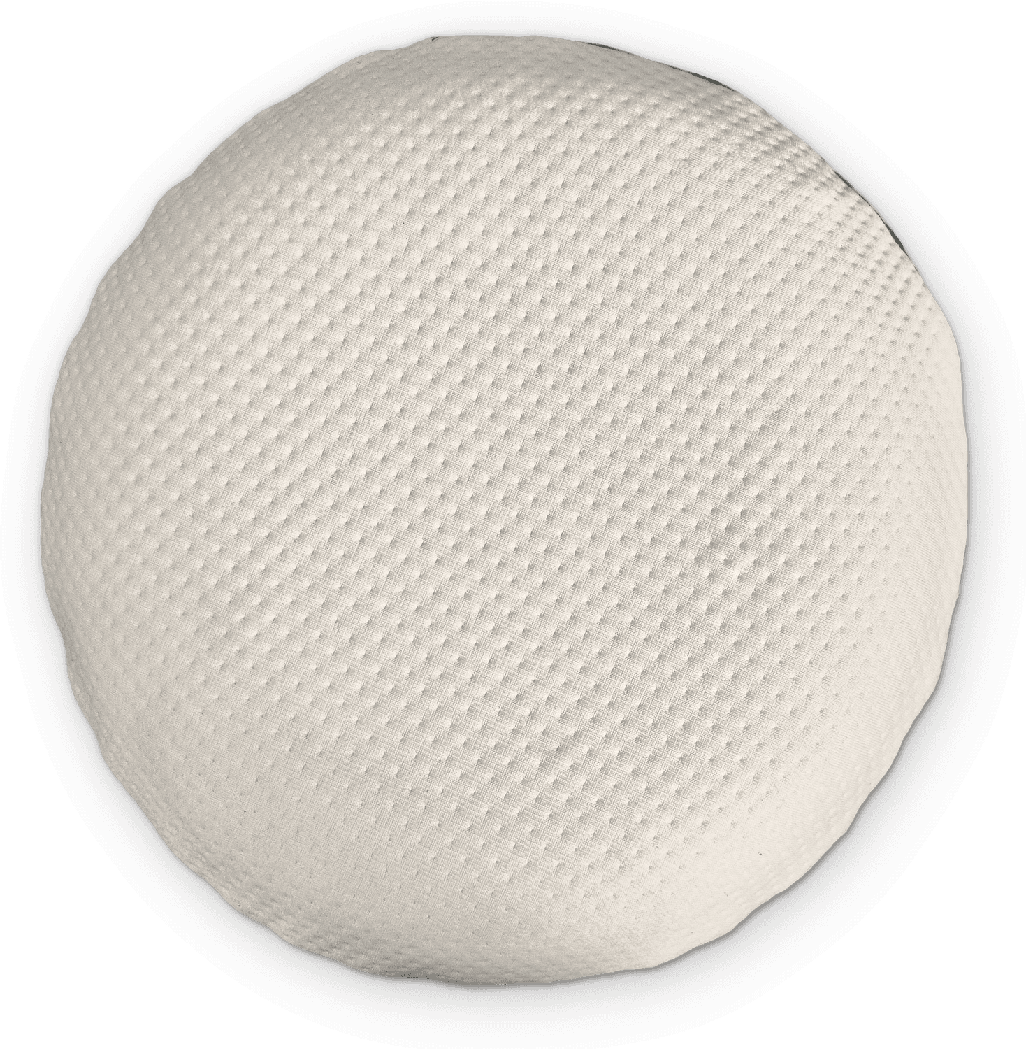 The ring cushion from above, in its cover: a round of dotted cotton with dark piping at its edge.